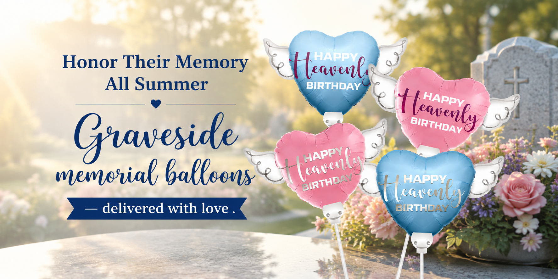Memorial balloons with 'Happy Heavenly Birthday' text in front of a gravestone.