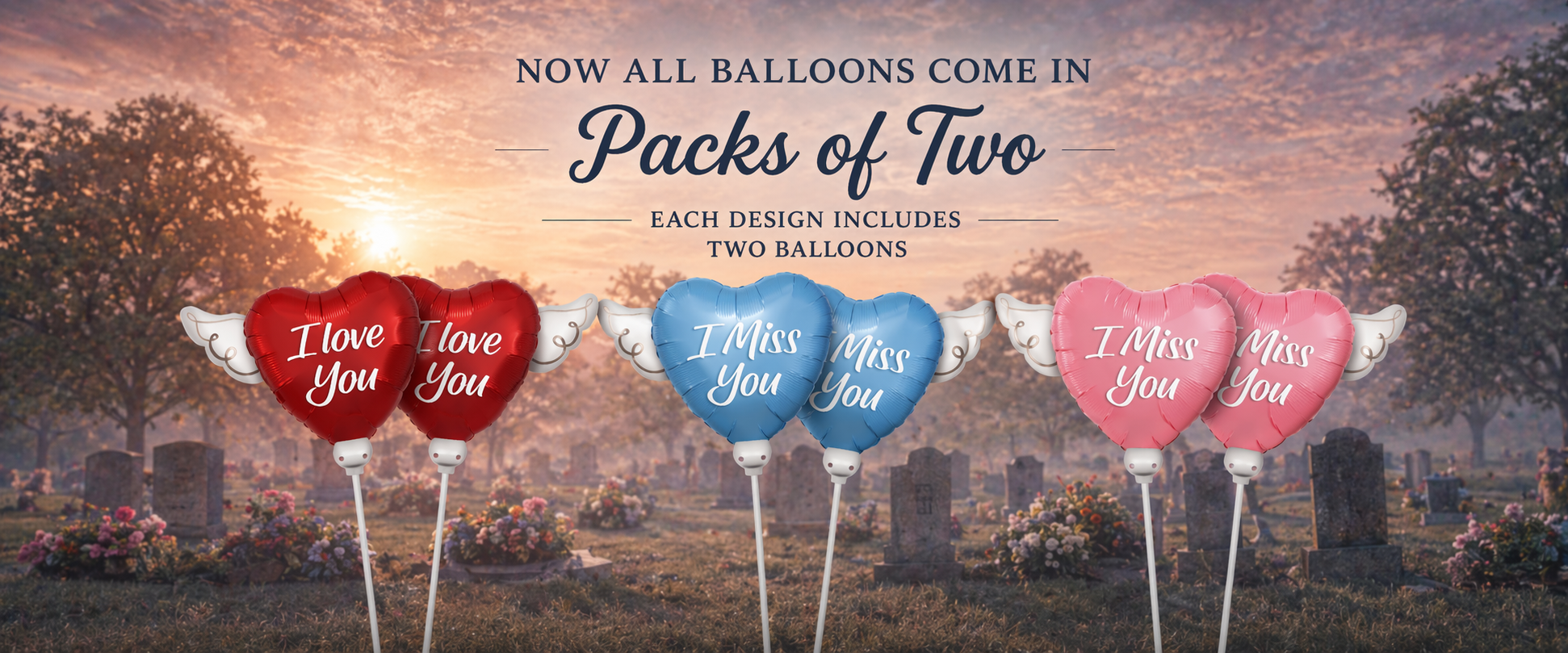 Pack of two memorial balloons on a stick for graveside