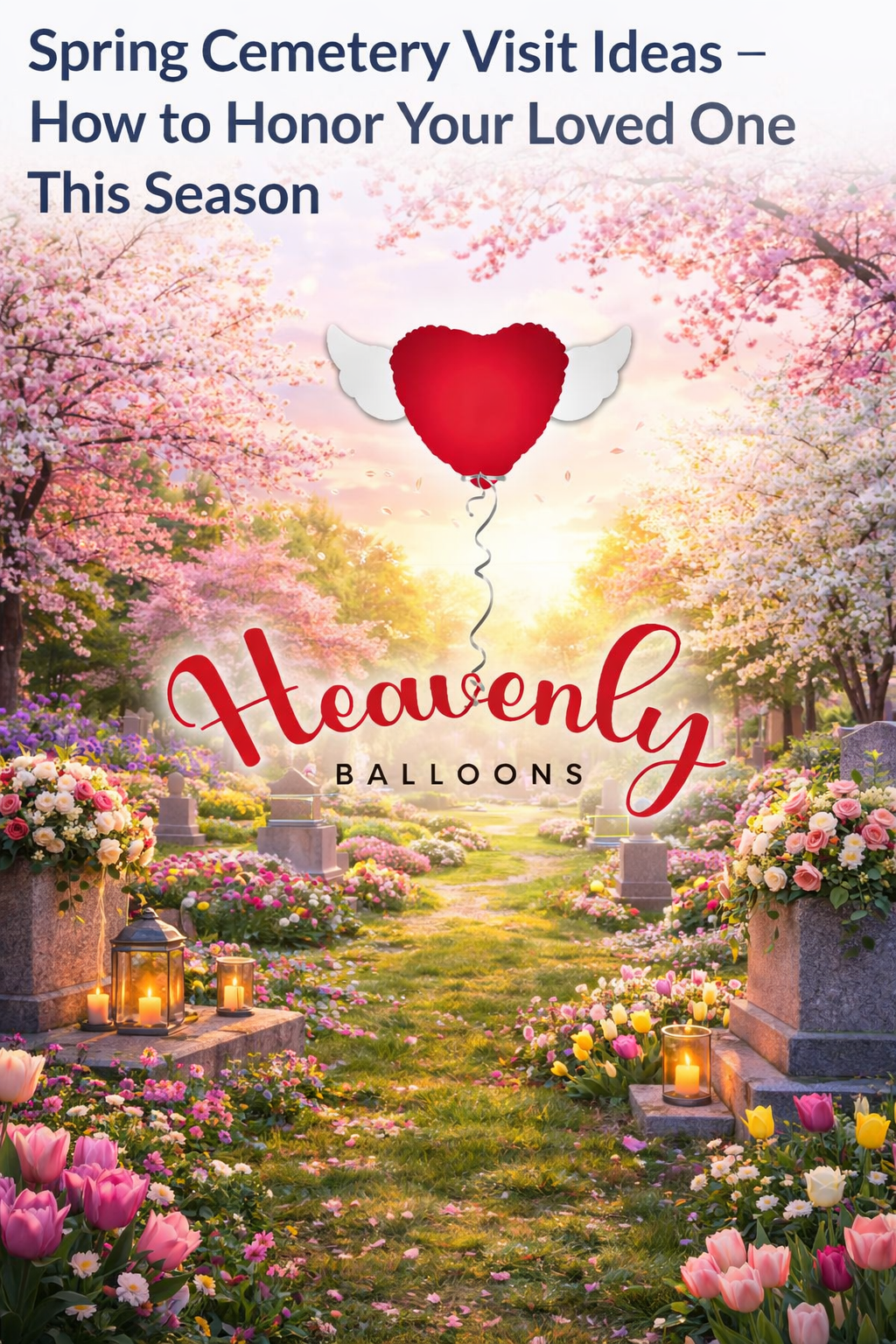 Spring cemetery visit – fresh flowers and memorial balloons at a graveside