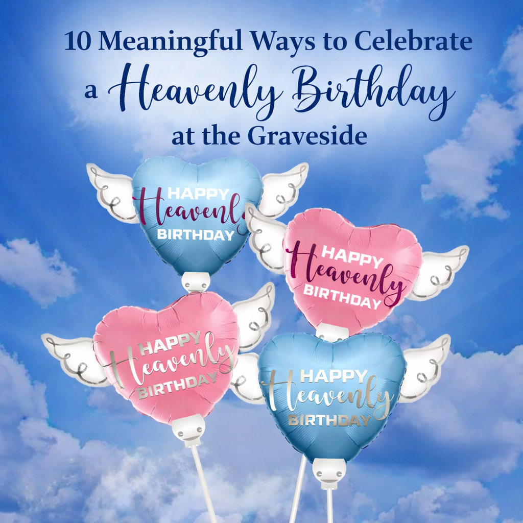 Heavenly birthday balloons and flowers at a graveside celebration