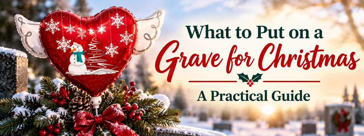 Christmas wreath on a snow-covered headstone with memorial balloons on sticks either side