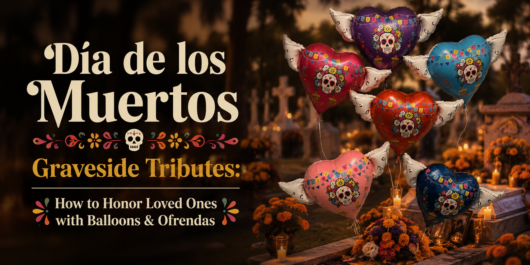 Día de los Muertos graveside tribute with marigolds, ofrenda and heart-shaped memorial balloons