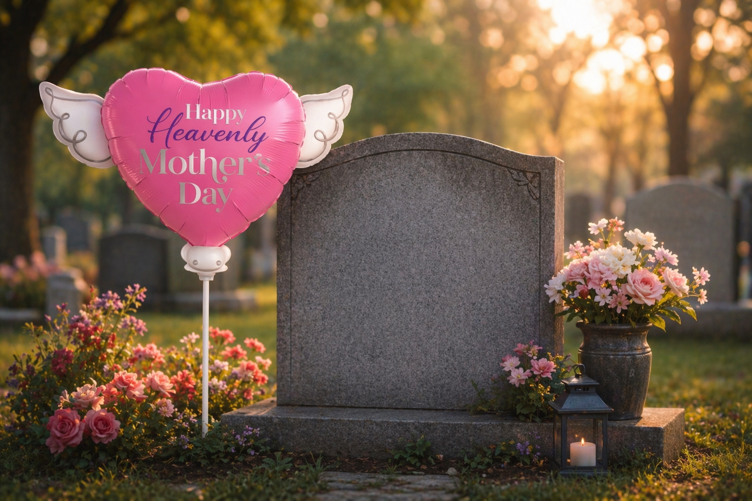 Happy Heavenly Mother's Day balloon decorating a grave for Mother's Day