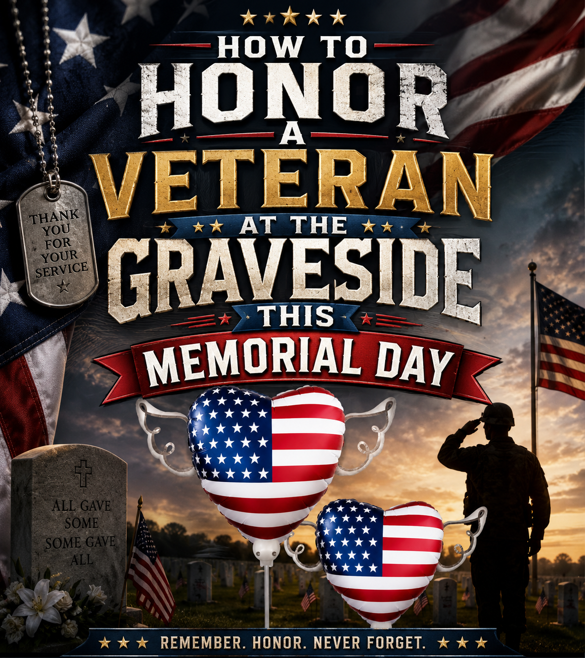USA flag memorial balloons honoring a veteran at the graveside on Memorial Day