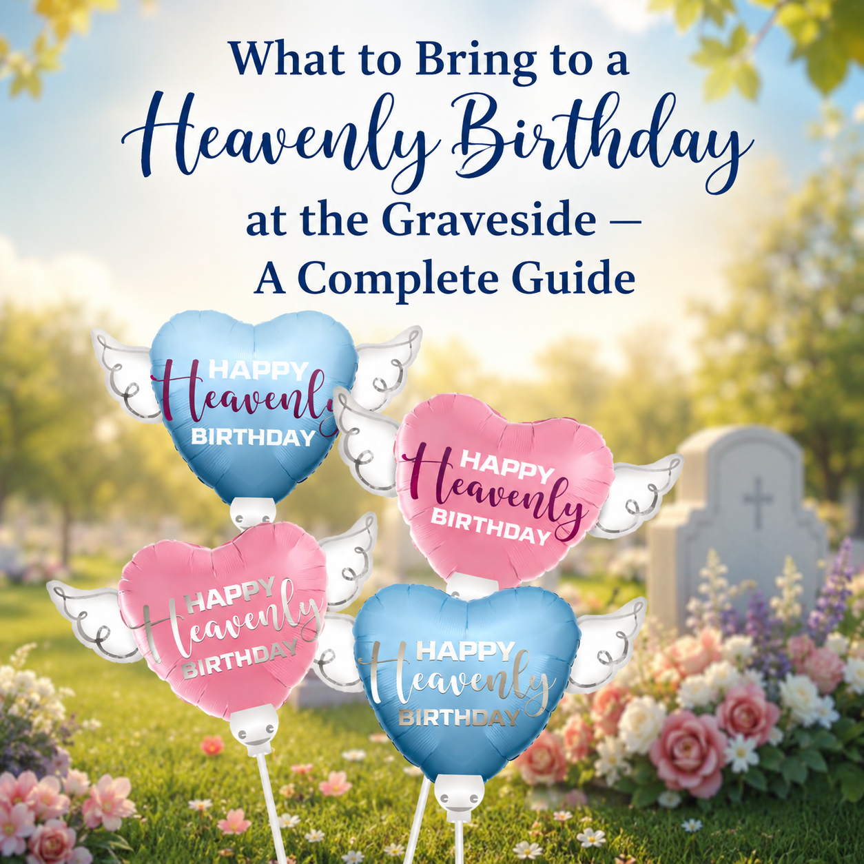 Heavenly birthday graveside setup with memorial balloons and keepsakes