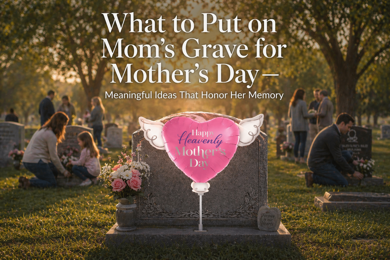 Memorial balloons and flowers placed on Mom's grave for Mother's Day