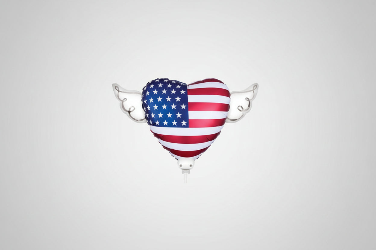 USA Flag Memorial Balloon on a Stick – Heart Shaped with Angel Wings Patriotic Graveside Tribute
