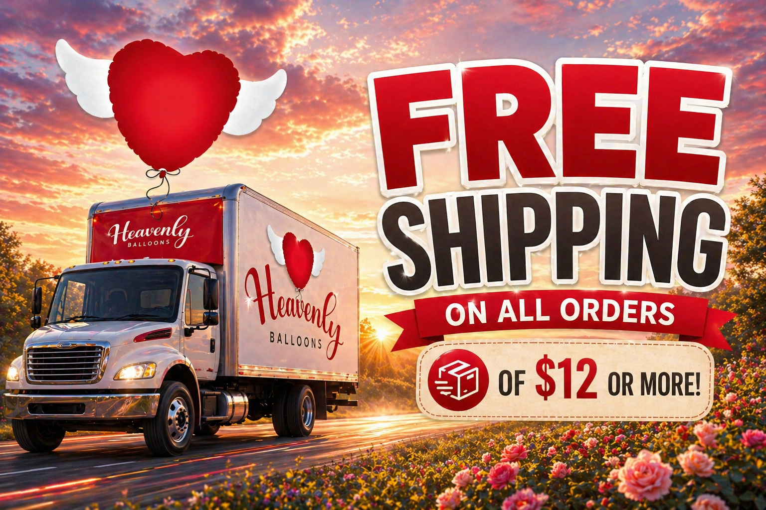 Truck with 'Heavenly Balloons' branding on a road with a heart-shaped balloon and free shipping offer text.