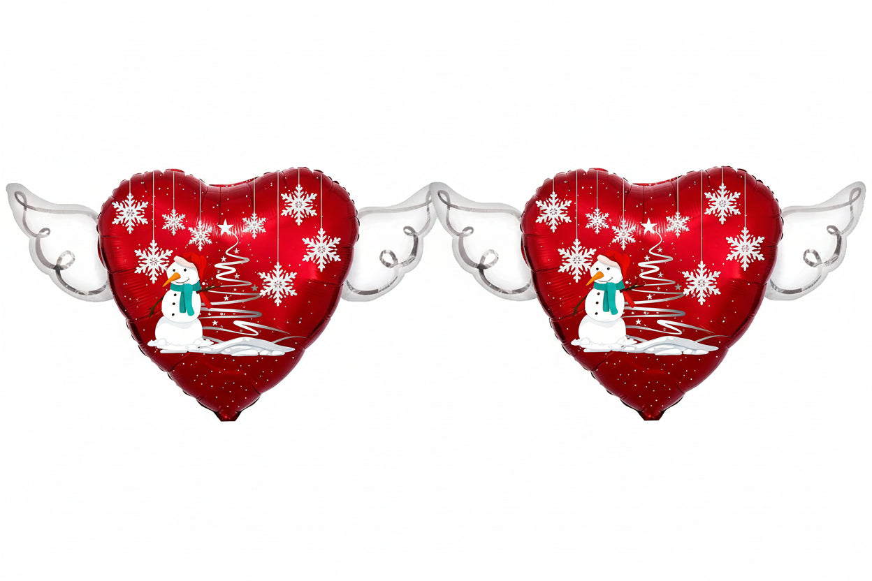 Christmas Snowman Memorial Balloon – Heart Shaped with Angel Wings Holiday Graveside Tribute - 2 Balloons Included