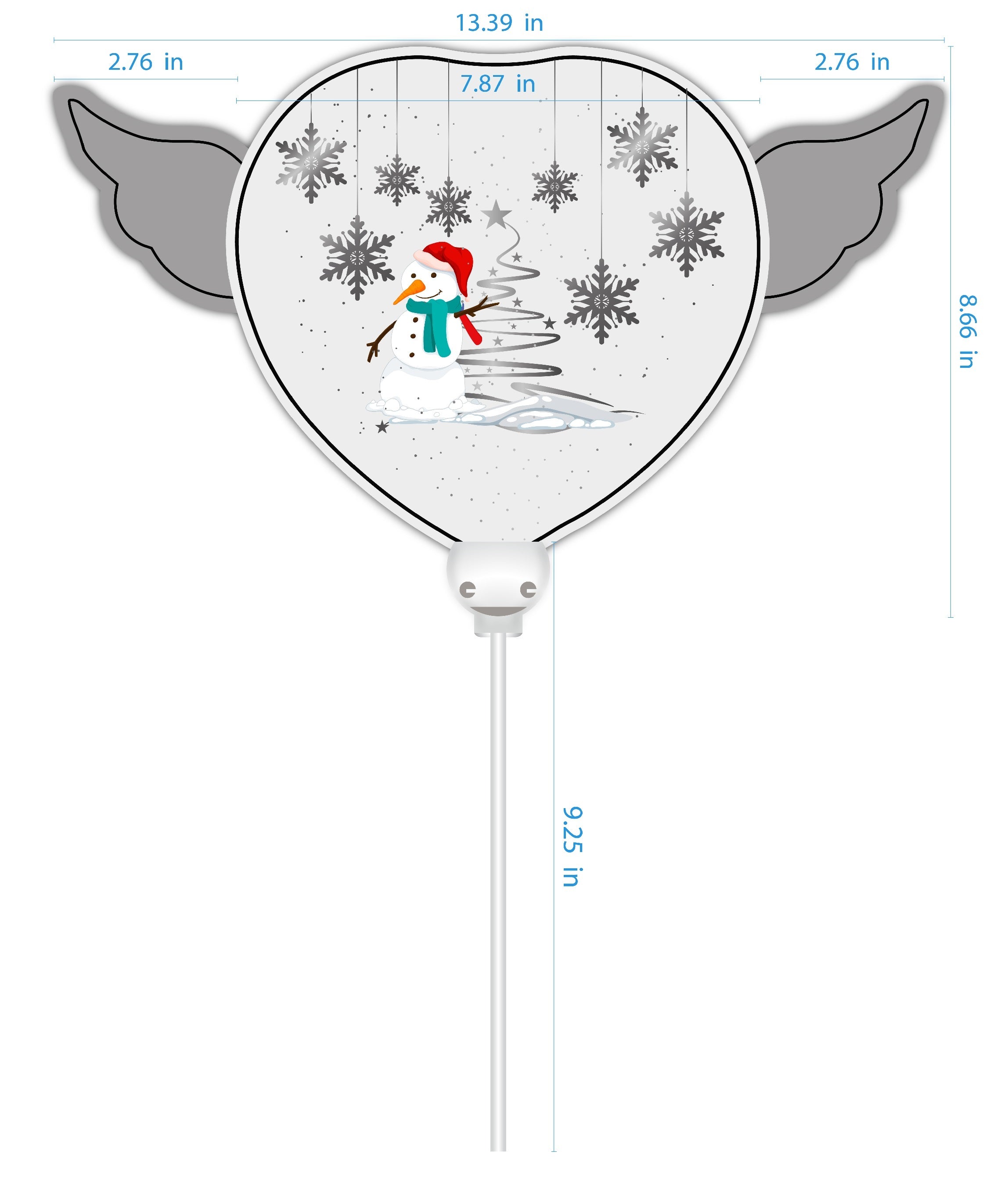 Christmas Snowman Memorial Balloon on a Stick with Angel Wings – size chart with measurements