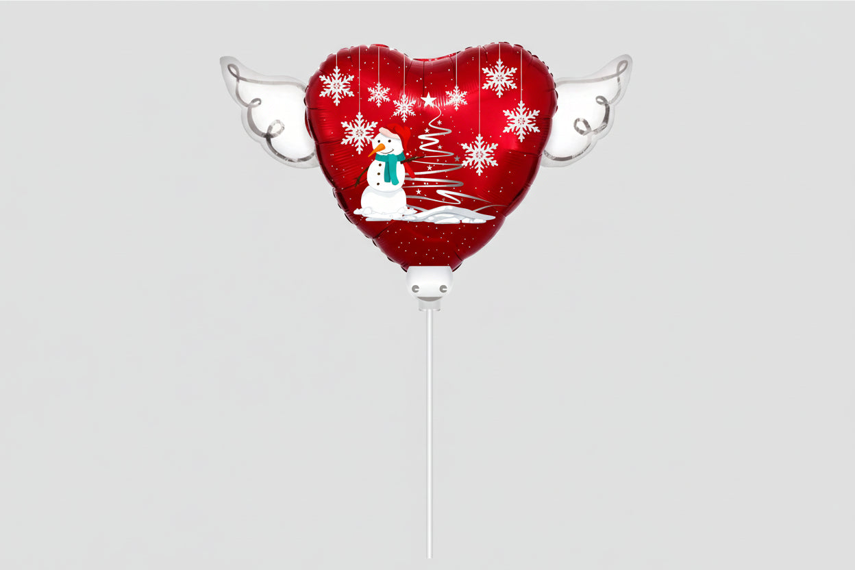 Christmas Snowman Memorial Balloon on a Stick – Heart Shaped with Angel Wings Holiday Graveside Tribute