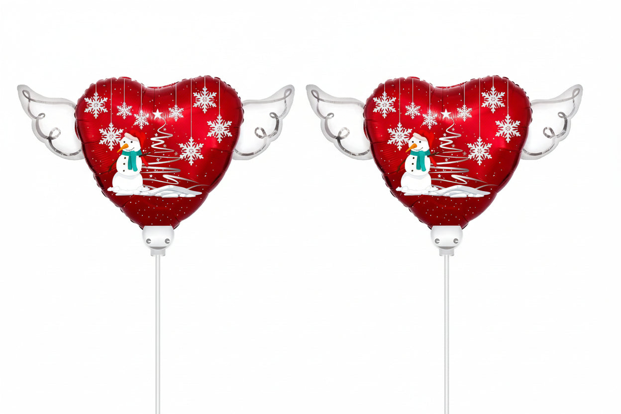 Christmas Snowman Memorial Balloon on a Stick with Angel Wings – Heart Shaped Holiday Graveside Tribute