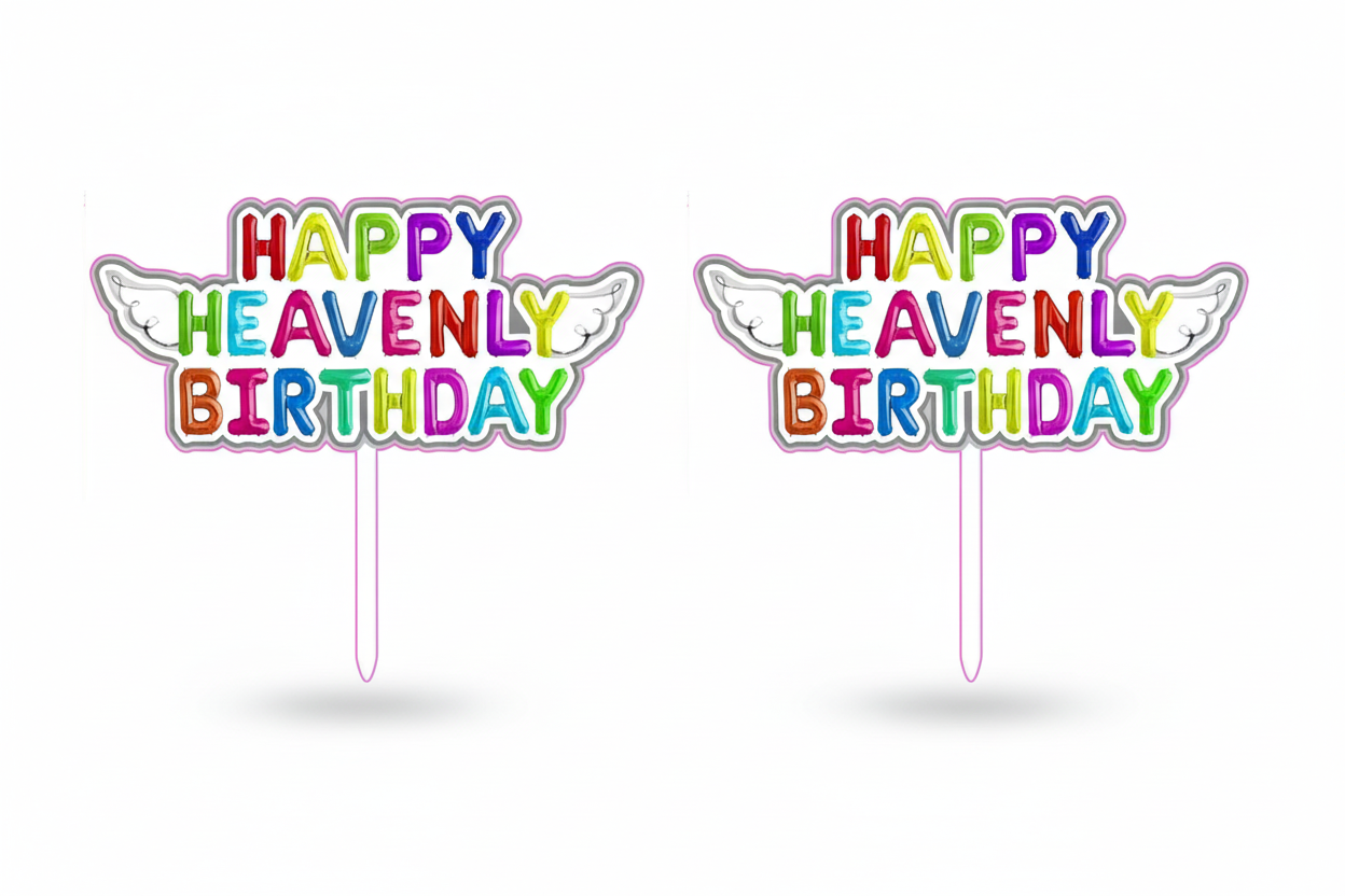 Happy Heavenly Birthday Cake Topper with Angel Wings – Graveside & Memorial Tribute 2-Pack