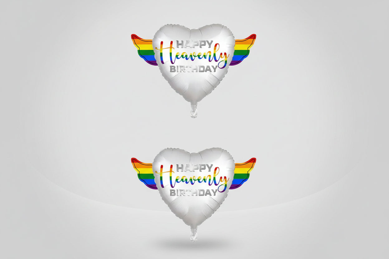 Colorful Happy Heavenly Birthday Memorial Balloon with Rainbow Angel Wings – Joyful Graveside Tribute
