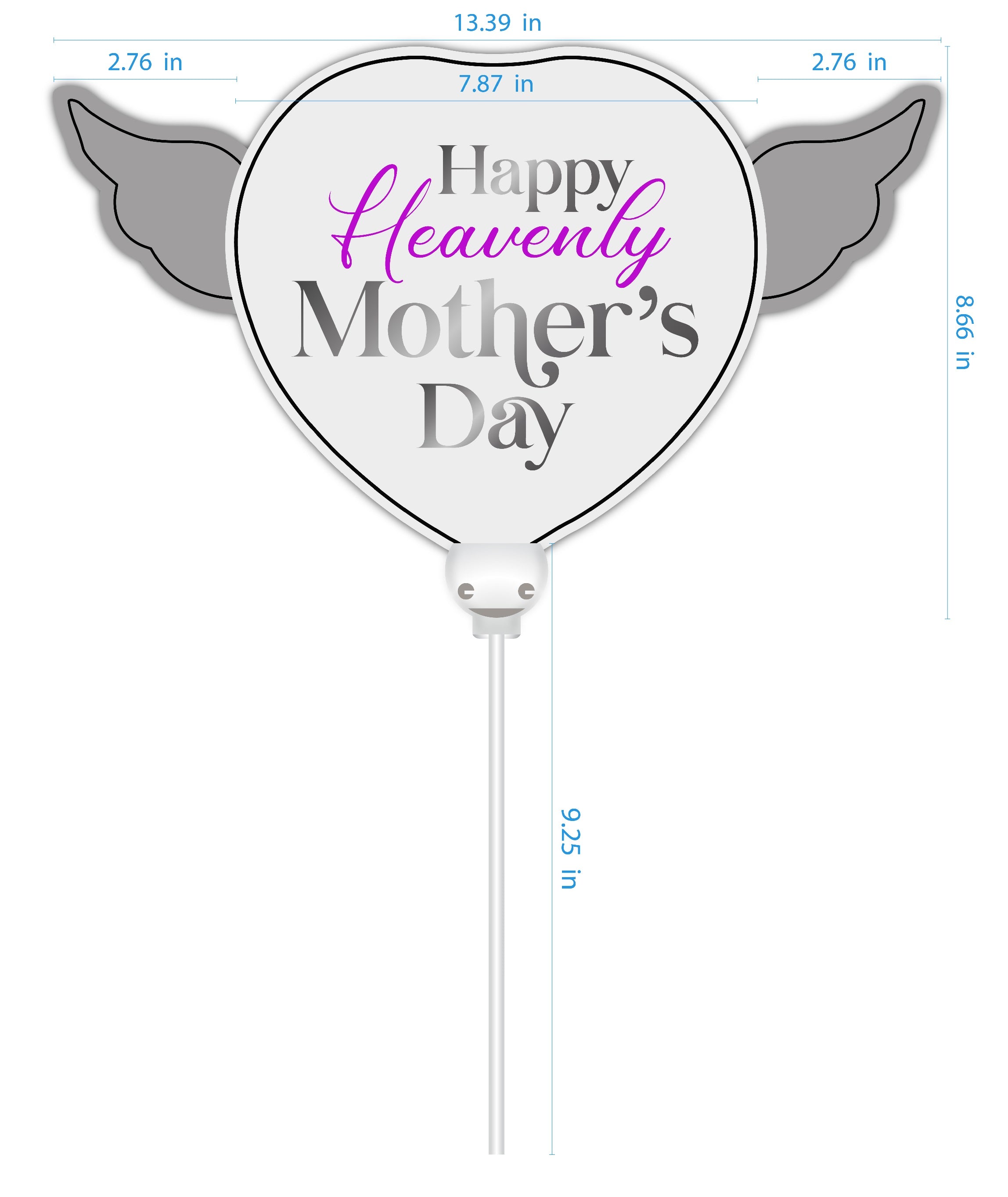 Heavenly Balloons ® on a Stick Happy Heavenly Mother's Day (pink) balloon heart shaped with angel wings dimensions
