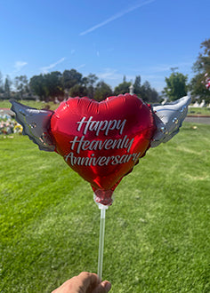 Happy Heavenly Anniversary Memorial Balloon on a Stick – Heart Shaped with Angel Wings Graveside Tribute