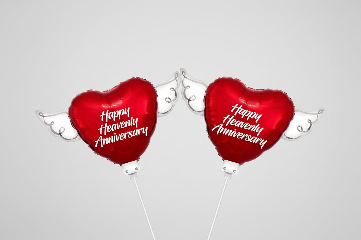 Happy Heavenly Anniversary Memorial Balloon on a Stick with Angel Wings – Heart Shaped Graveside Tribute