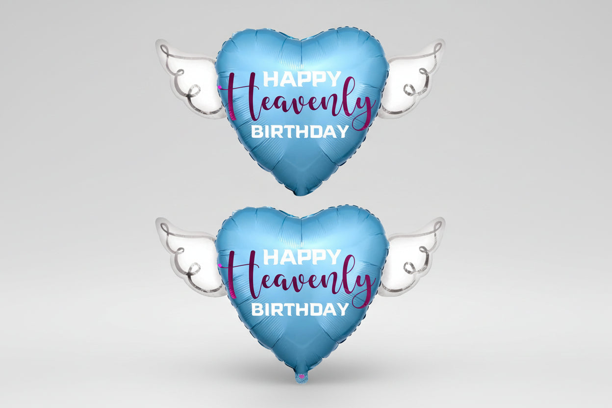 Blue Happy Heavenly Birthday Memorial Balloon with Angel Wings – Heart Shaped Graveside Tribute