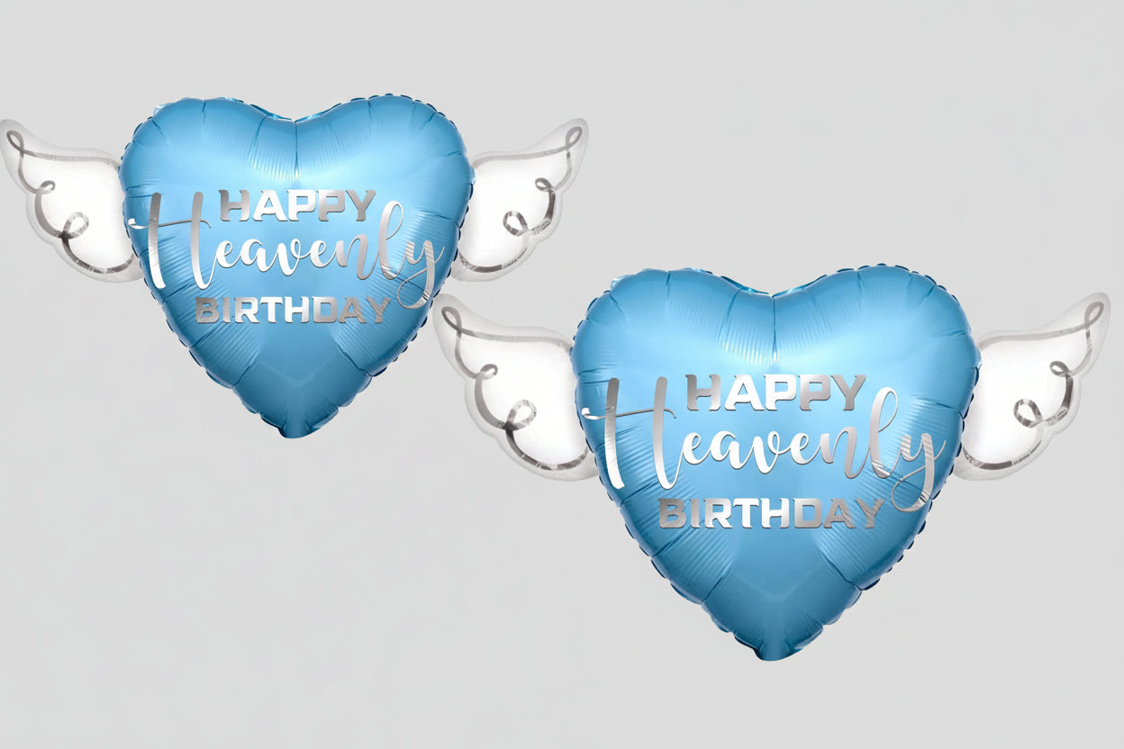 Blue Happy Heavenly Birthday Memorial Balloon with Angel Wings – Silver Script Graveside Tribute