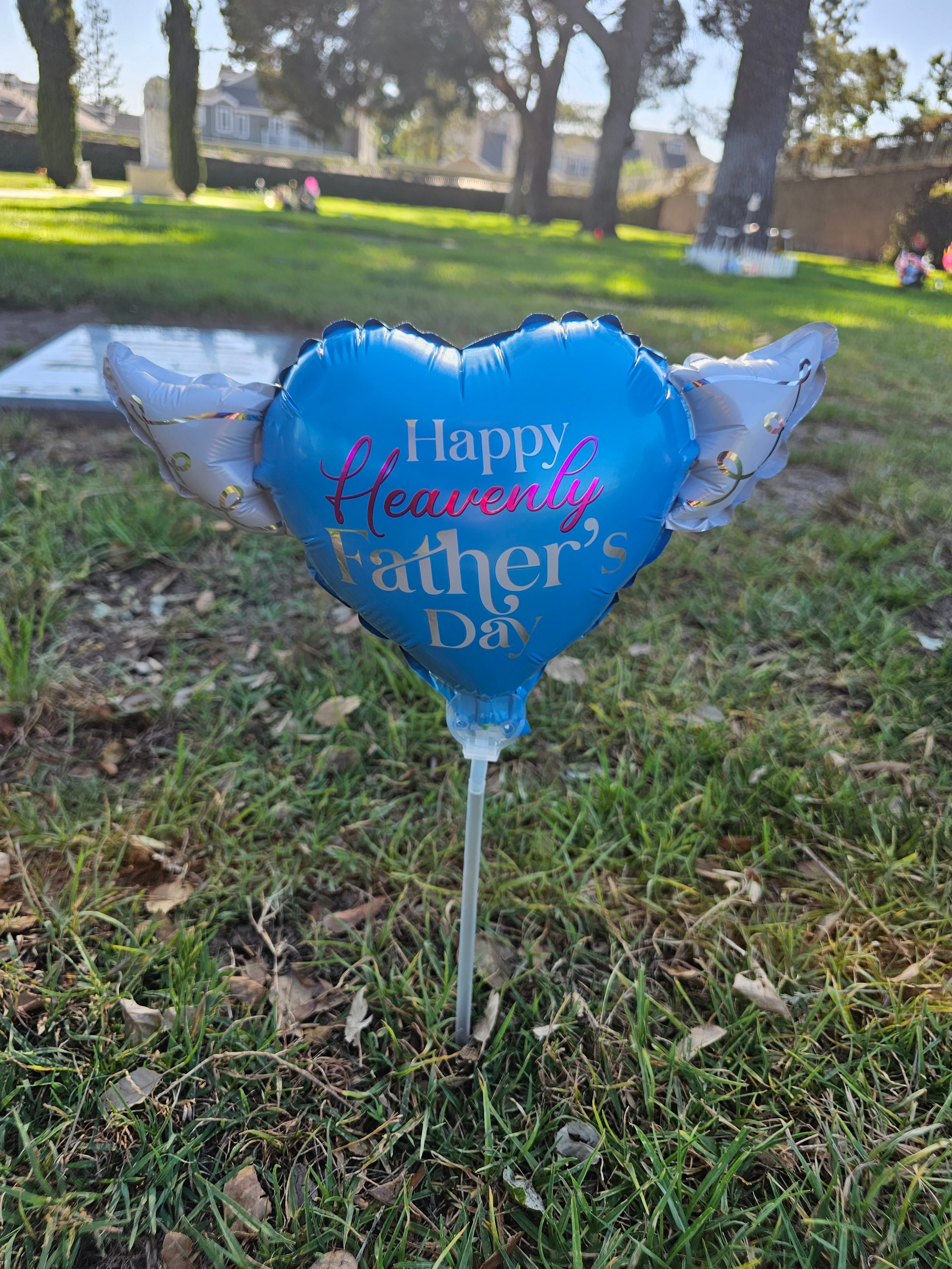 Happy Heavenly Father's Day Memorial Balloon on a Stick – Heart Shaped with Angel Wings Graveside Tribute
