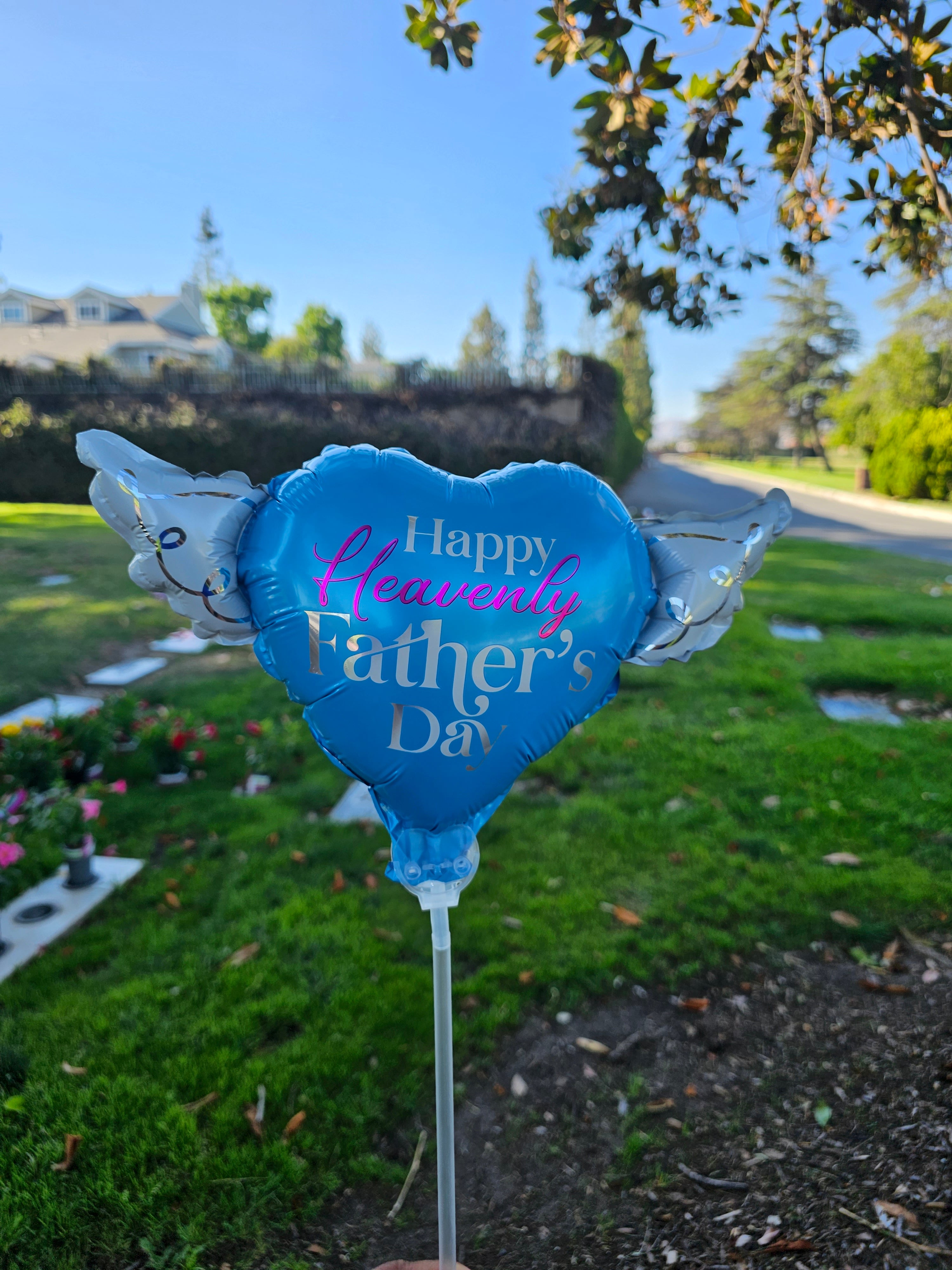 Happy Heavenly Father's Day Memorial Balloon on a Stick – Heart Shaped with Angel Wings Graveside Tribute