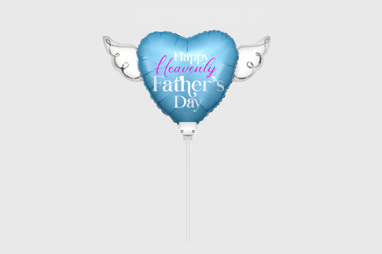 Happy Heavenly Father's Day Memorial Balloon on a Stick – Heart Shaped with Angel Wings Graveside Tribute