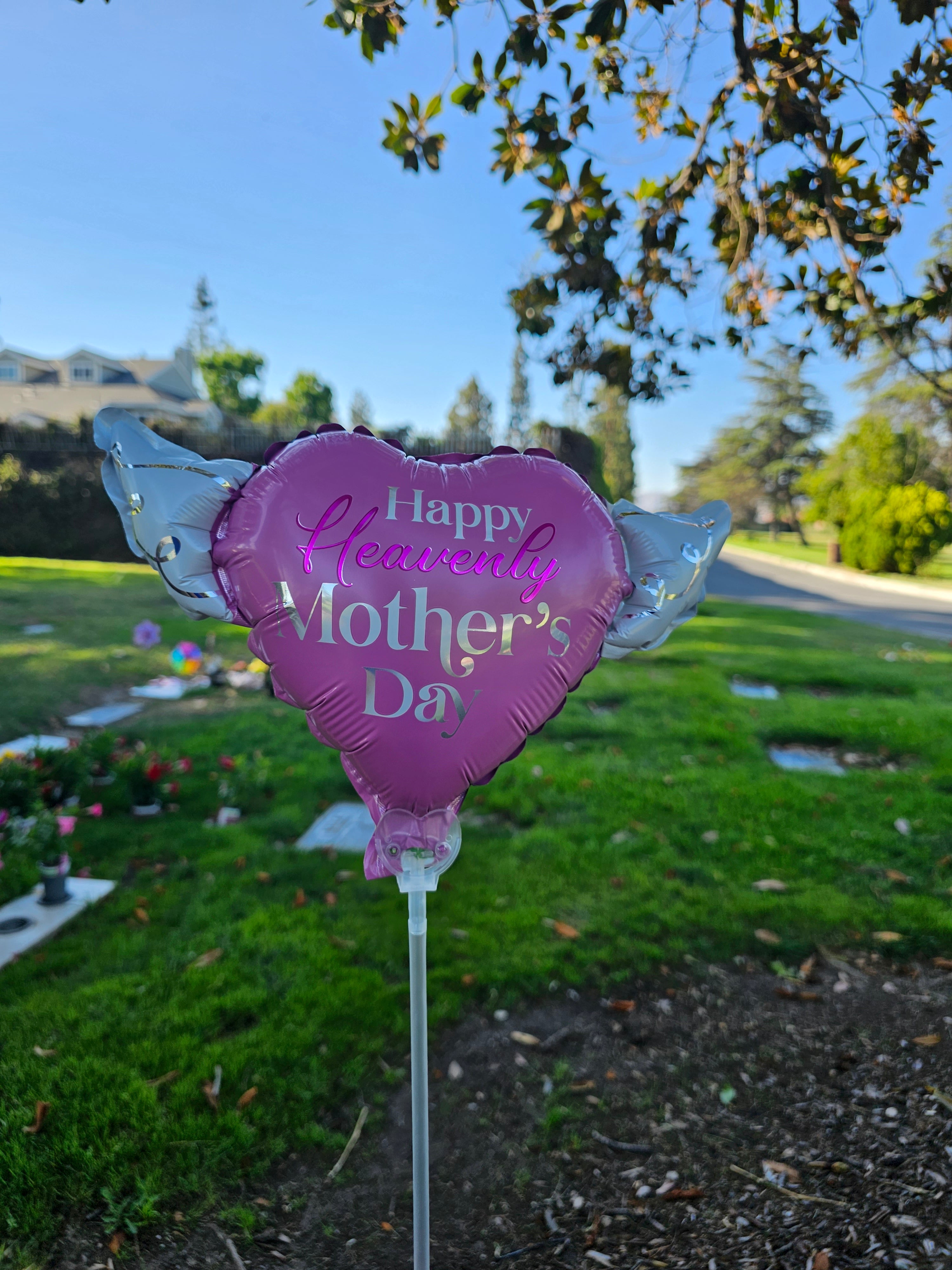 Happy Heavenly Mother's Day Memorial Balloon on a Stick – Heart Shaped with Angel Wings Graveside Tribute