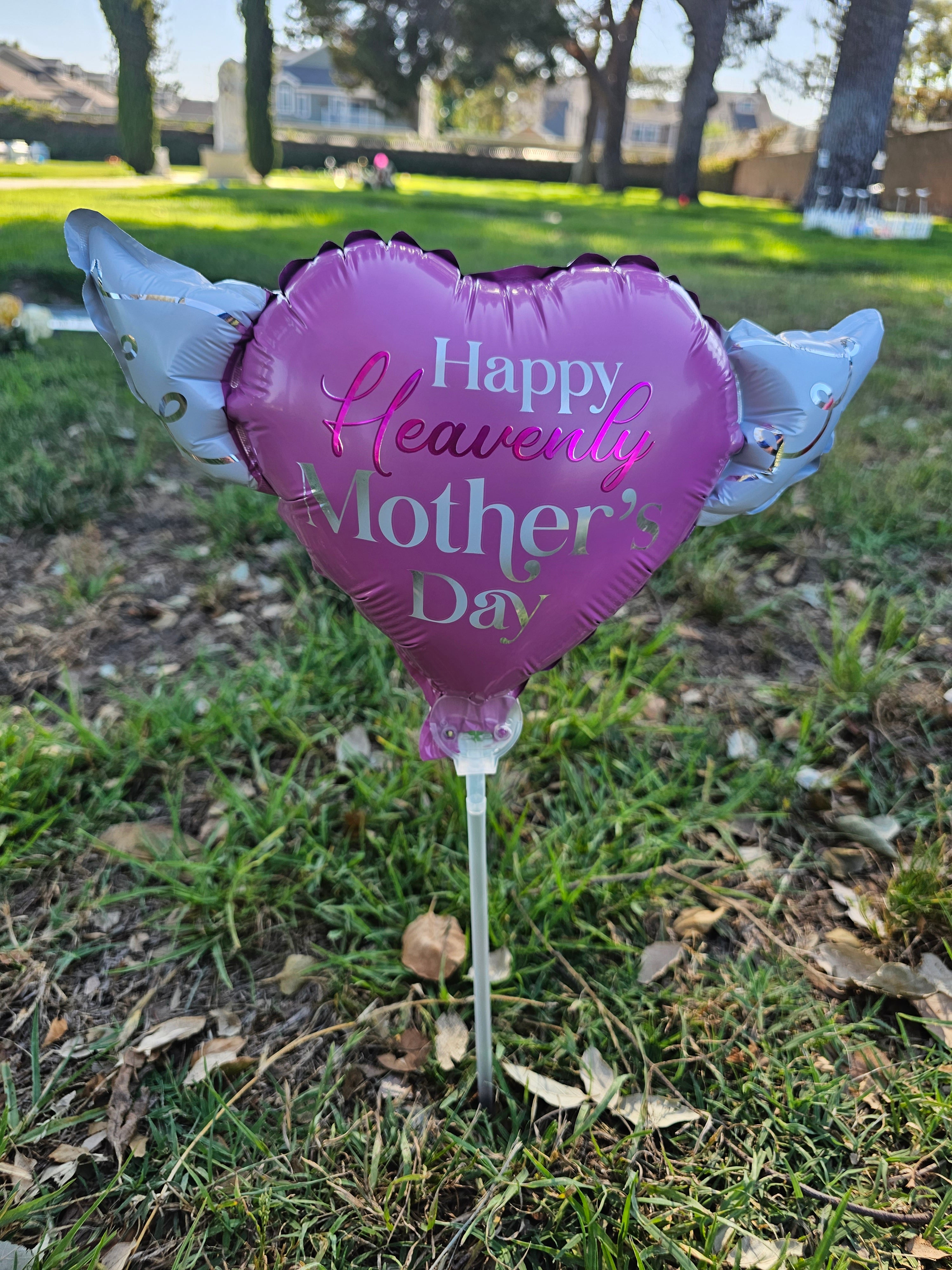 Happy Heavenly Mother's Day Memorial Balloon on a Stick – Heart Shaped with Angel Wings Graveside Tribute