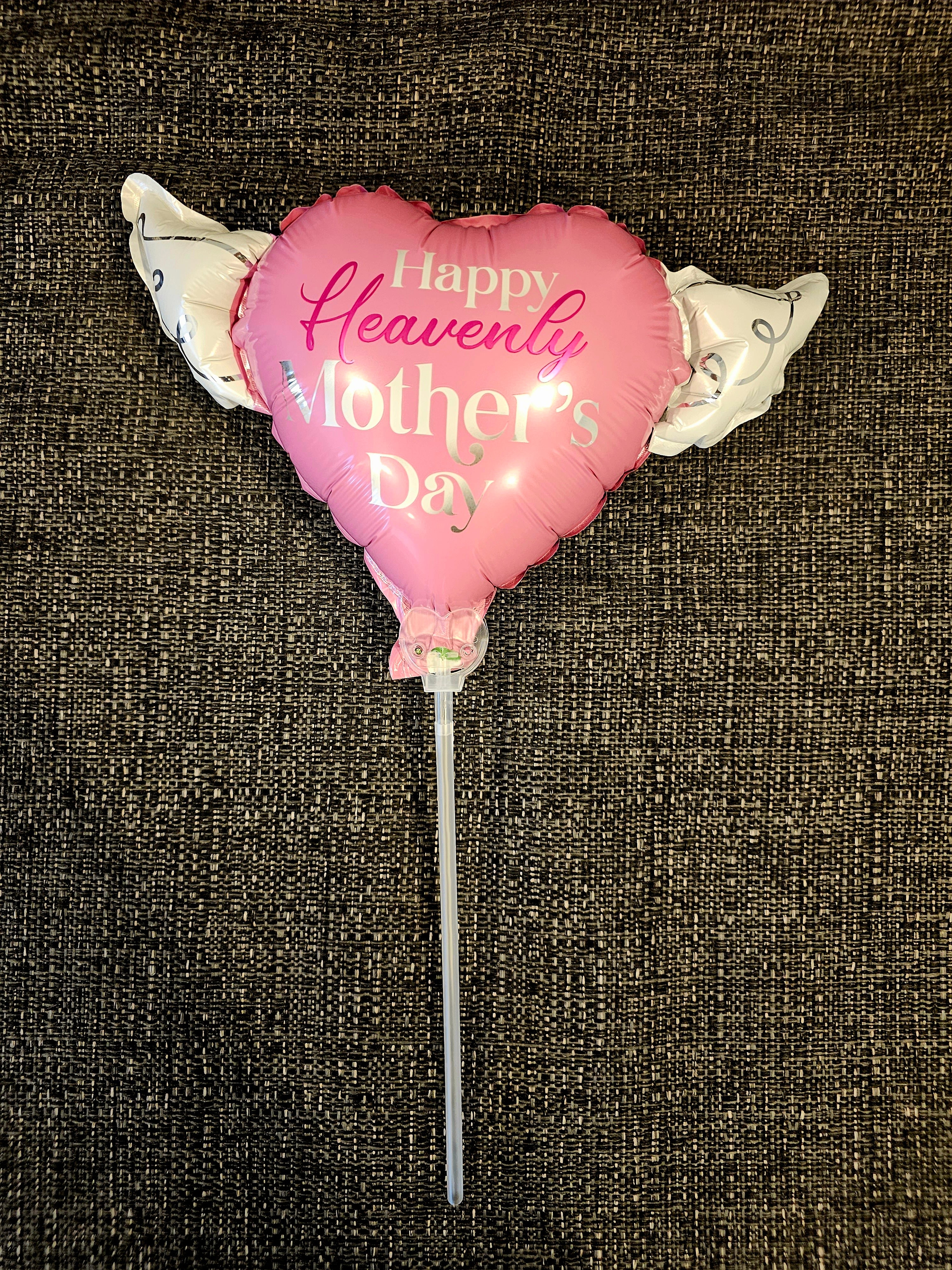 Happy Heavenly Mother's Day Memorial Balloon on a Stick – Heart Shaped with Angel Wings Graveside Tribute