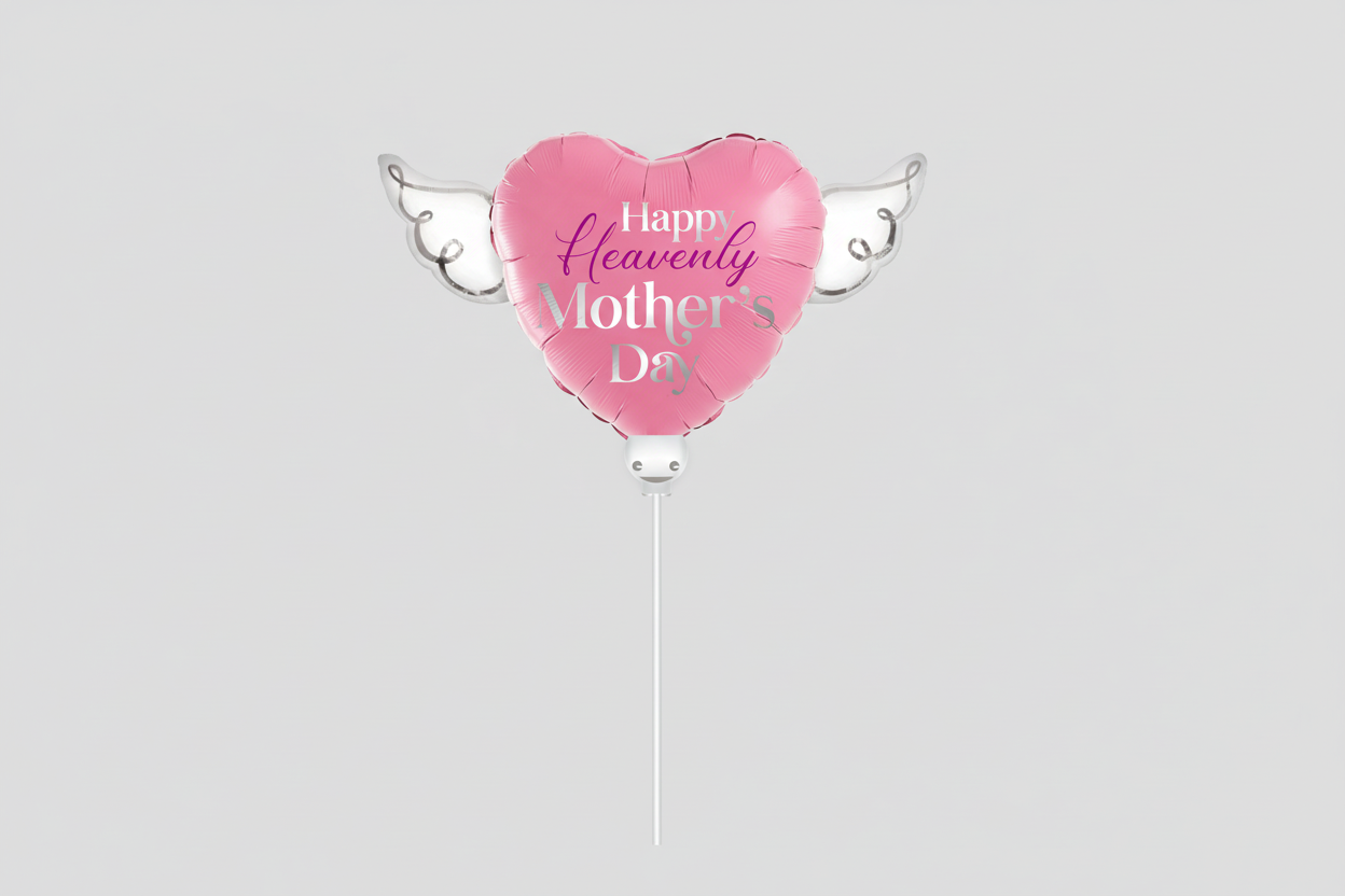 Happy Heavenly Mother's Day Memorial Balloon on a Stick – Heart Shaped with Angel Wings Graveside Tribute