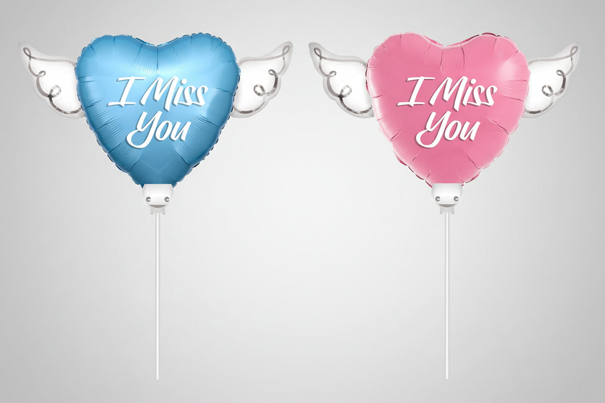 I Miss You Memorial Balloon on a Stick – Heart Shaped with Angel Wings Graveside Tribute