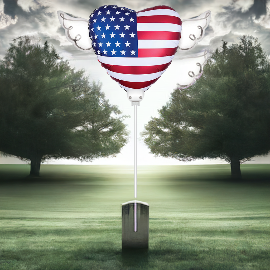 Heavenly Balloons on a stick American USA Flag balloon heart shaped with angel wings
