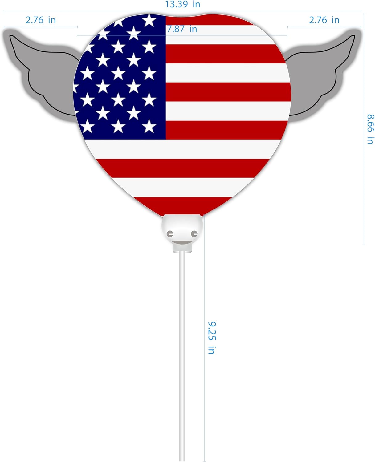 Heavenly Balloons on a stick American USA Flag balloon heart shaped with angel wings dimension
