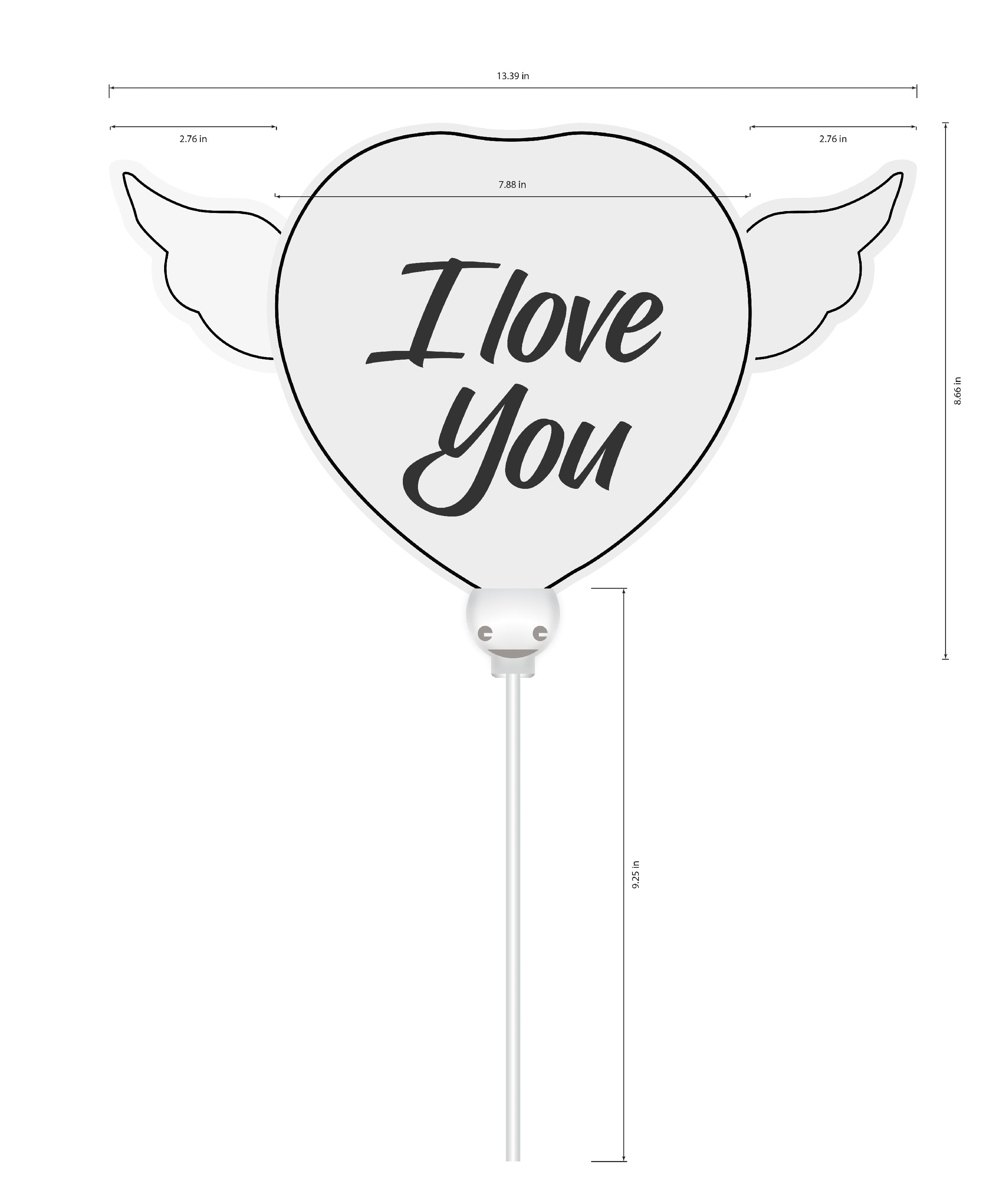 Heavenly Balloons on a stick I Love You balloon heart shaped with angel wings dimension