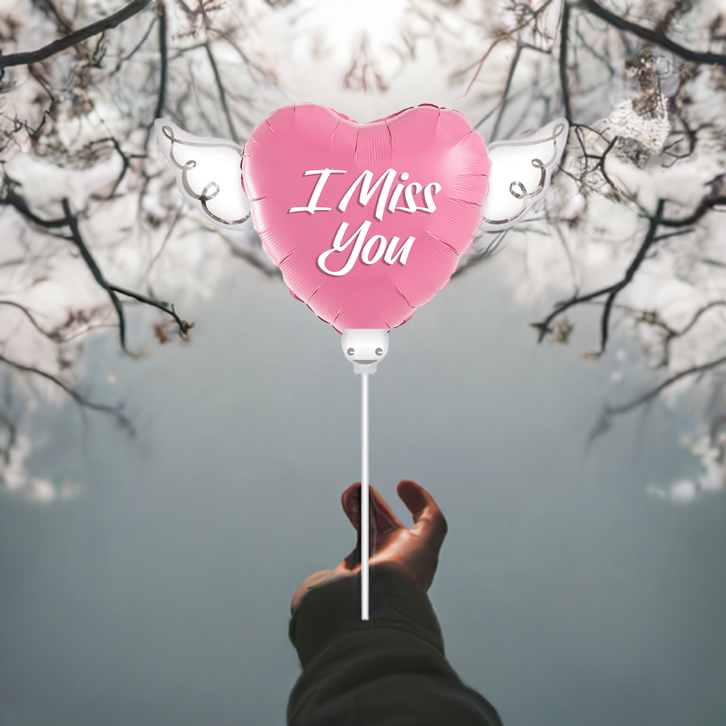 Heavenly Balloons on a stick I Miss You balloon heart shaped with angel wings (pink)