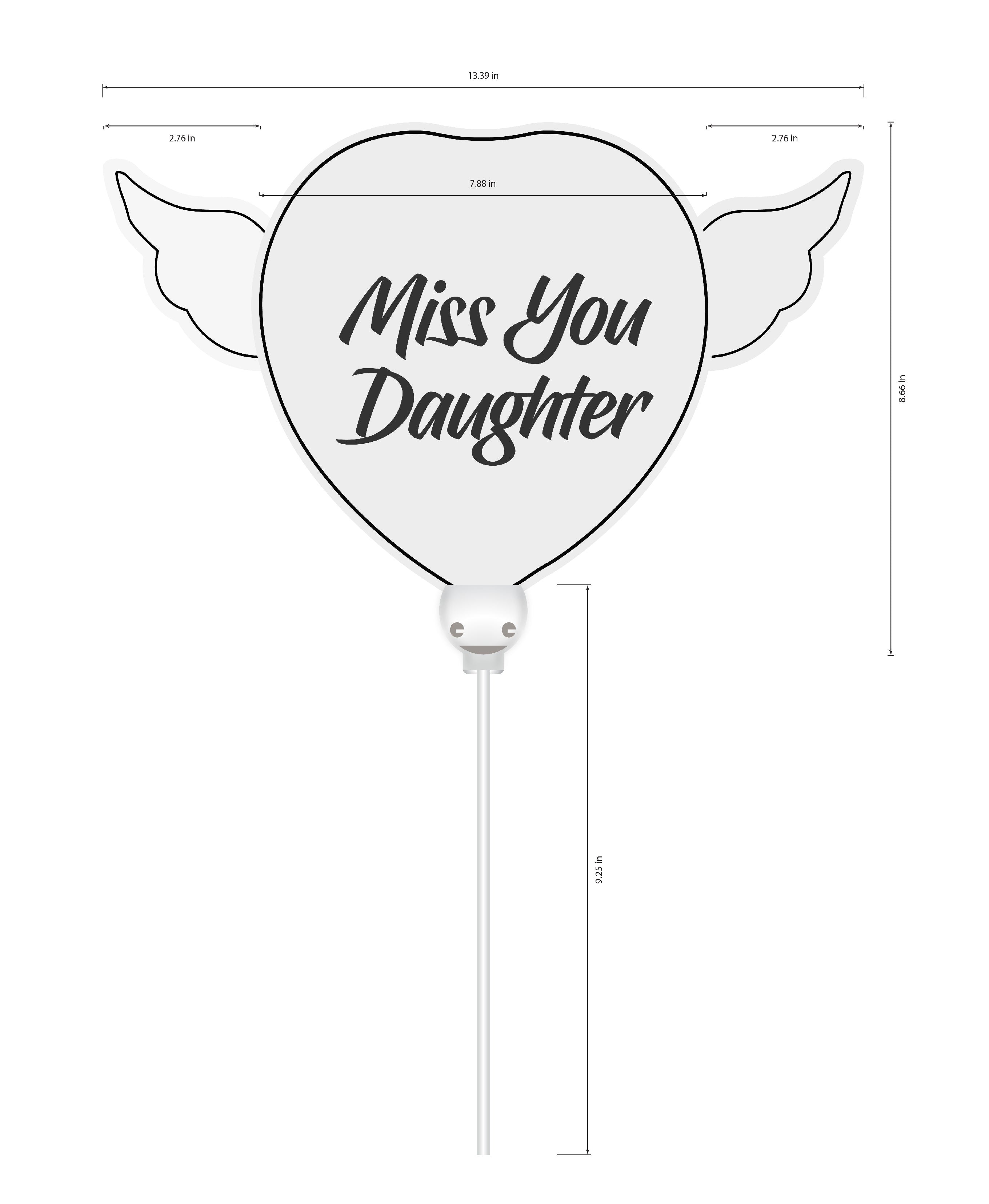 Heavenly Balloons on a stick Miss You Daughter balloon heart shaped with angel wings dimension
