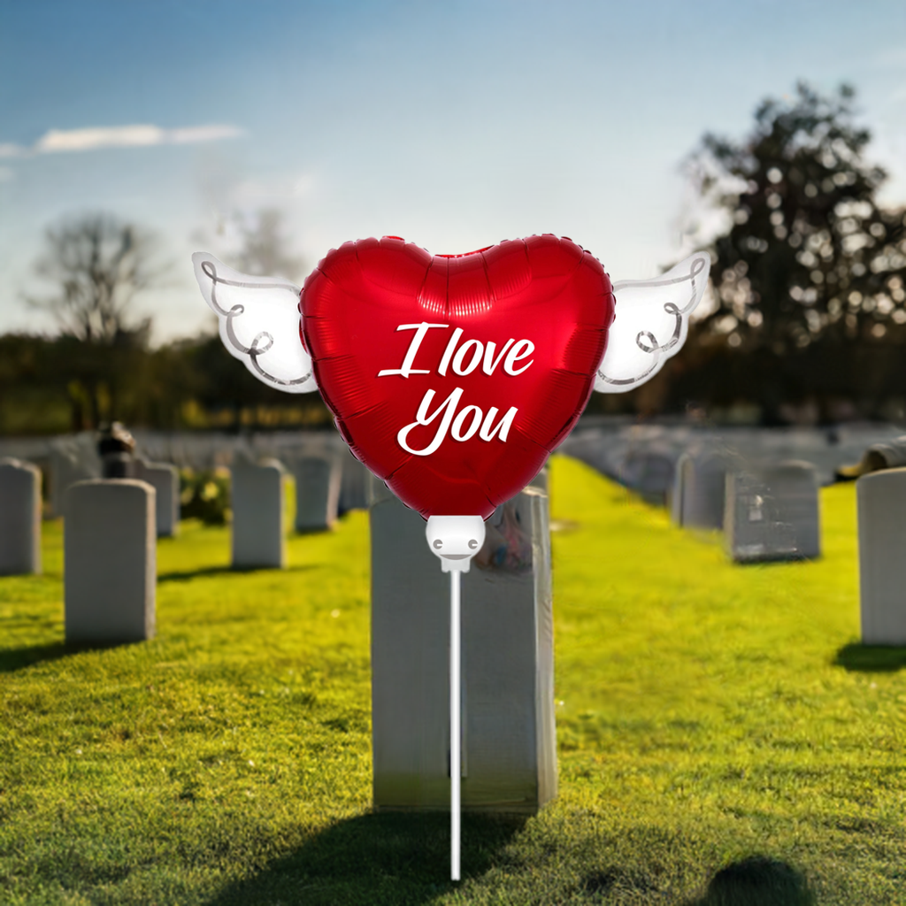 I Love You Memorial Balloon on a Stick – Heart Shaped with Angel Wings Graveside Tribute