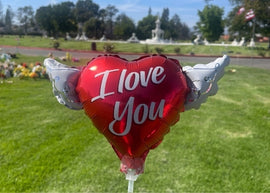 I Love You Memorial Balloon on a Stick – Heart Shaped with Angel Wings Graveside Tribute
