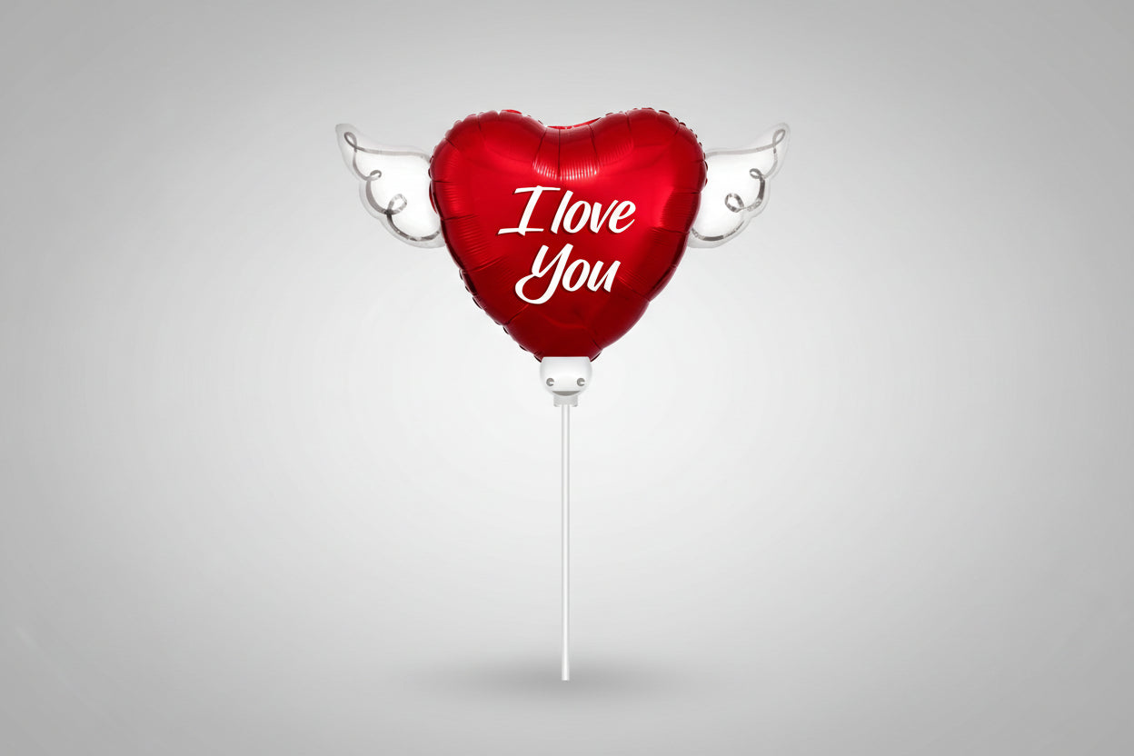 I Love You Memorial Balloon on a Stick – Heart Shaped with Angel Wings Graveside Tribute