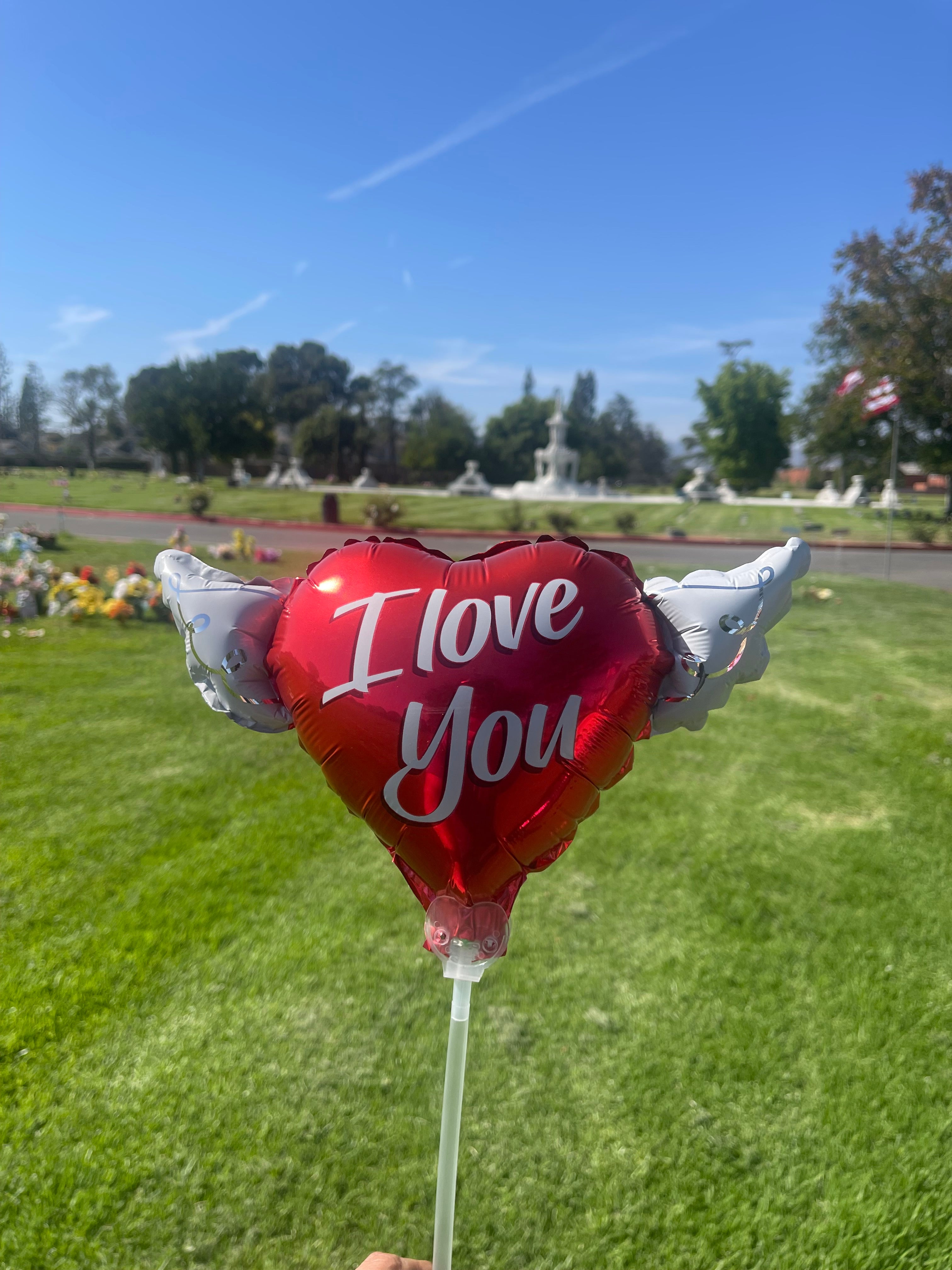 I Love You Memorial Balloon on a Stick – Heart Shaped with Angel Wings Graveside Tribute