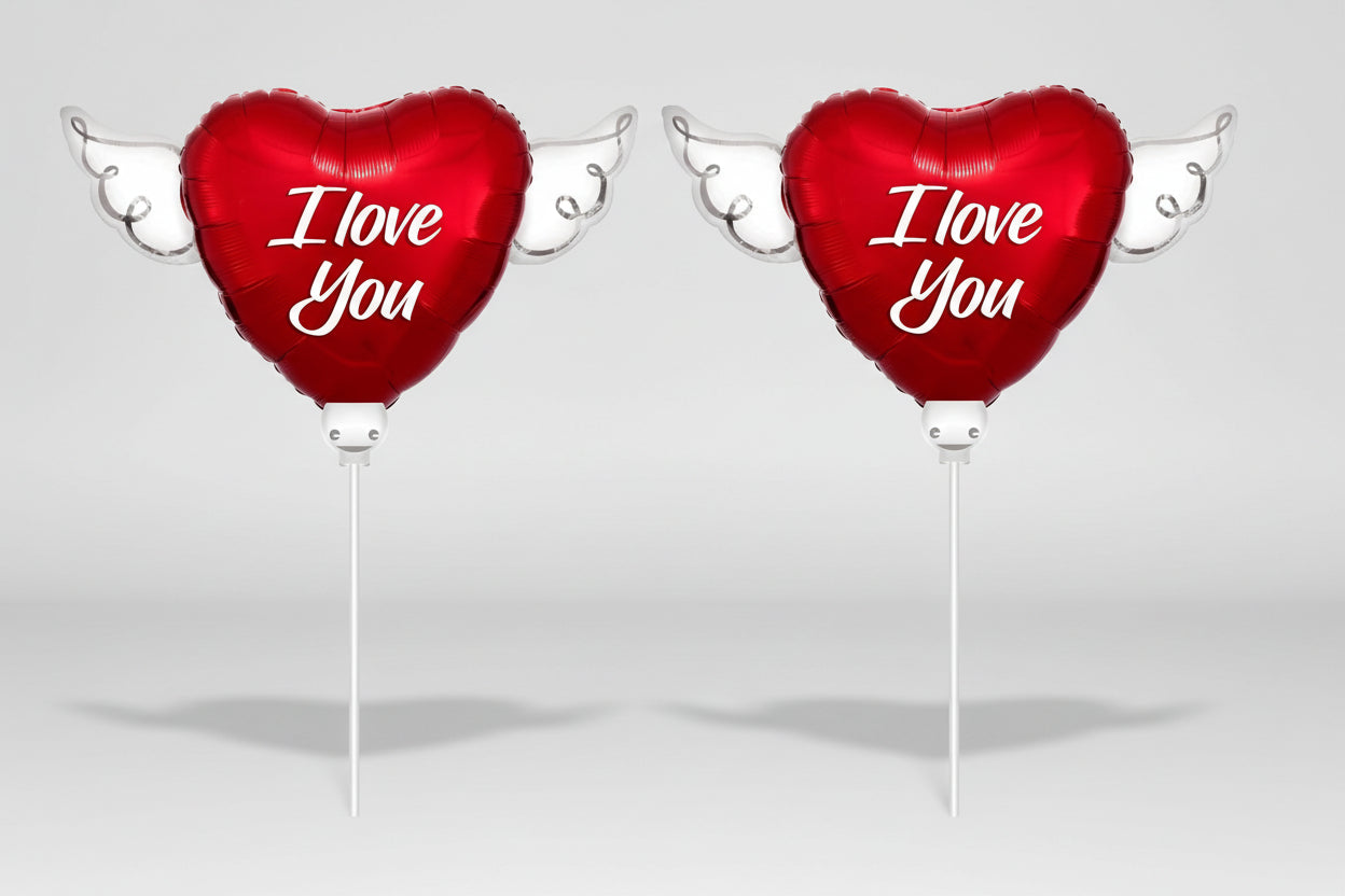 I Love You Memorial Balloon on a Stick – Heart Shaped with Angel Wings Graveside Tribute