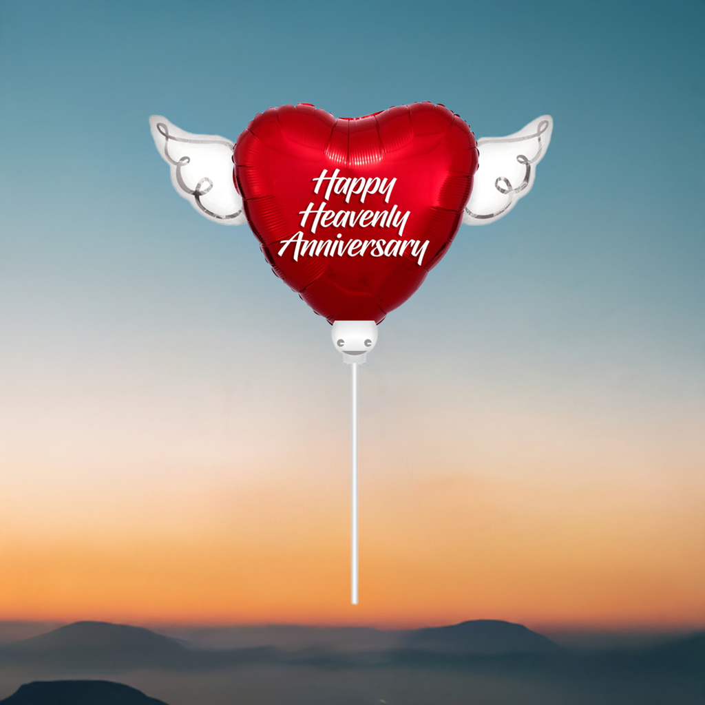 Happy Heavenly Anniversary Memorial Balloon on a Stick – Heart Shaped with Angel Wings Graveside Tribute