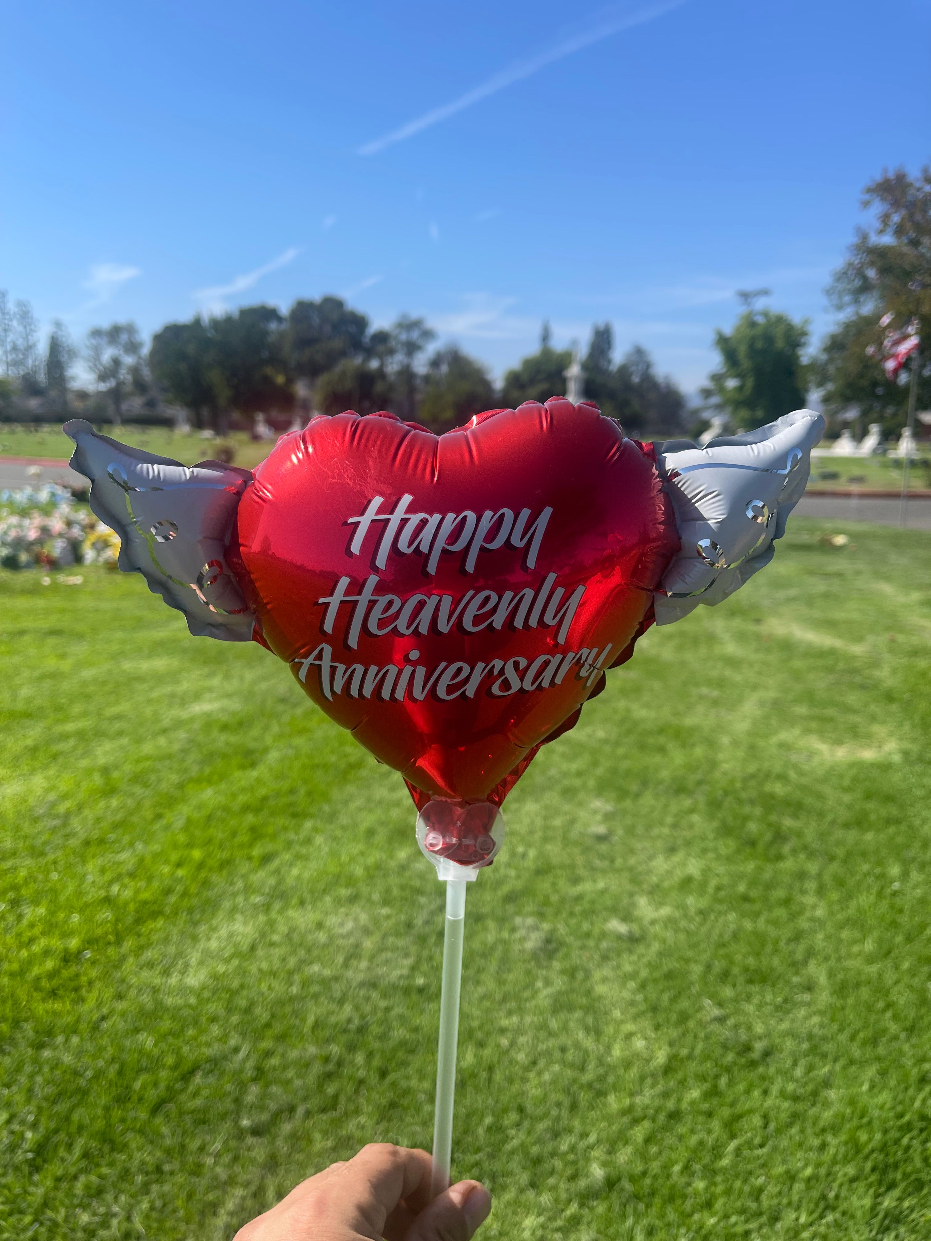 Happy Heavenly Anniversary Memorial Balloon on a Stick – Heart Shaped with Angel Wings Graveside Tribute