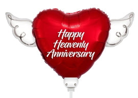 Happy Heavenly Anniversary Memorial Balloon on a Stick – Heart Shaped with Angel Wings Graveside Tribute