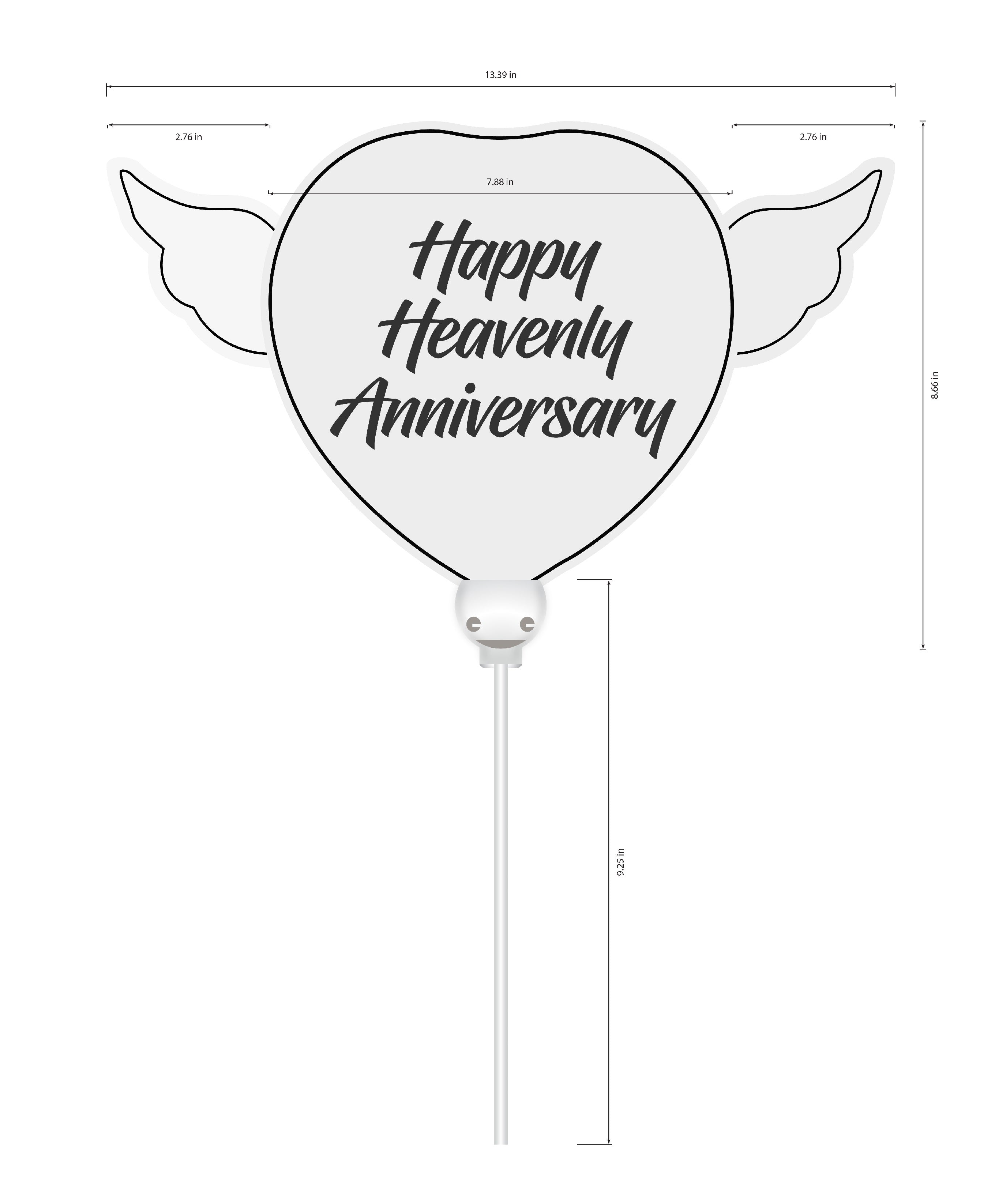 Happy Heavenly Anniversary Memorial Balloon on a Stick – Heart Shaped with Angel Wings Graveside Tribute