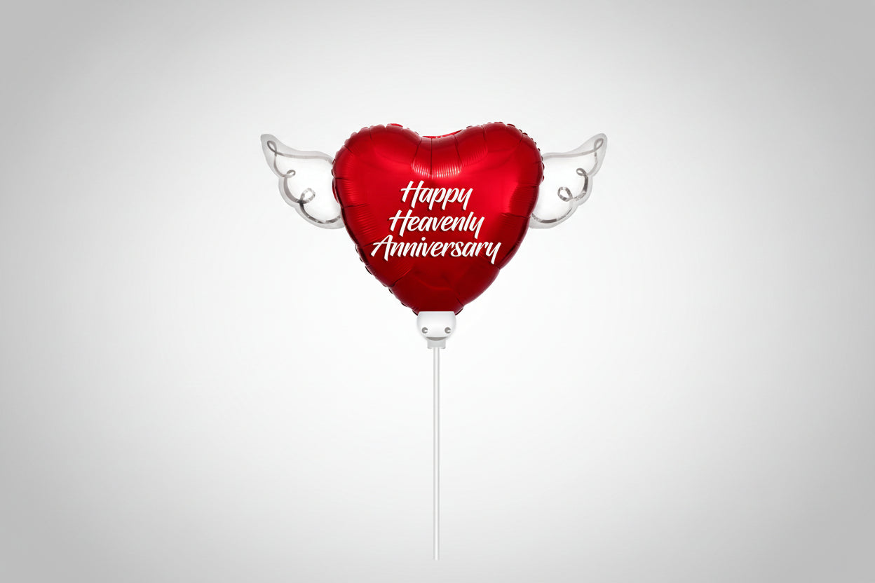 Happy Heavenly Anniversary Memorial Balloon on a Stick – Heart Shaped with Angel Wings Graveside Tribute