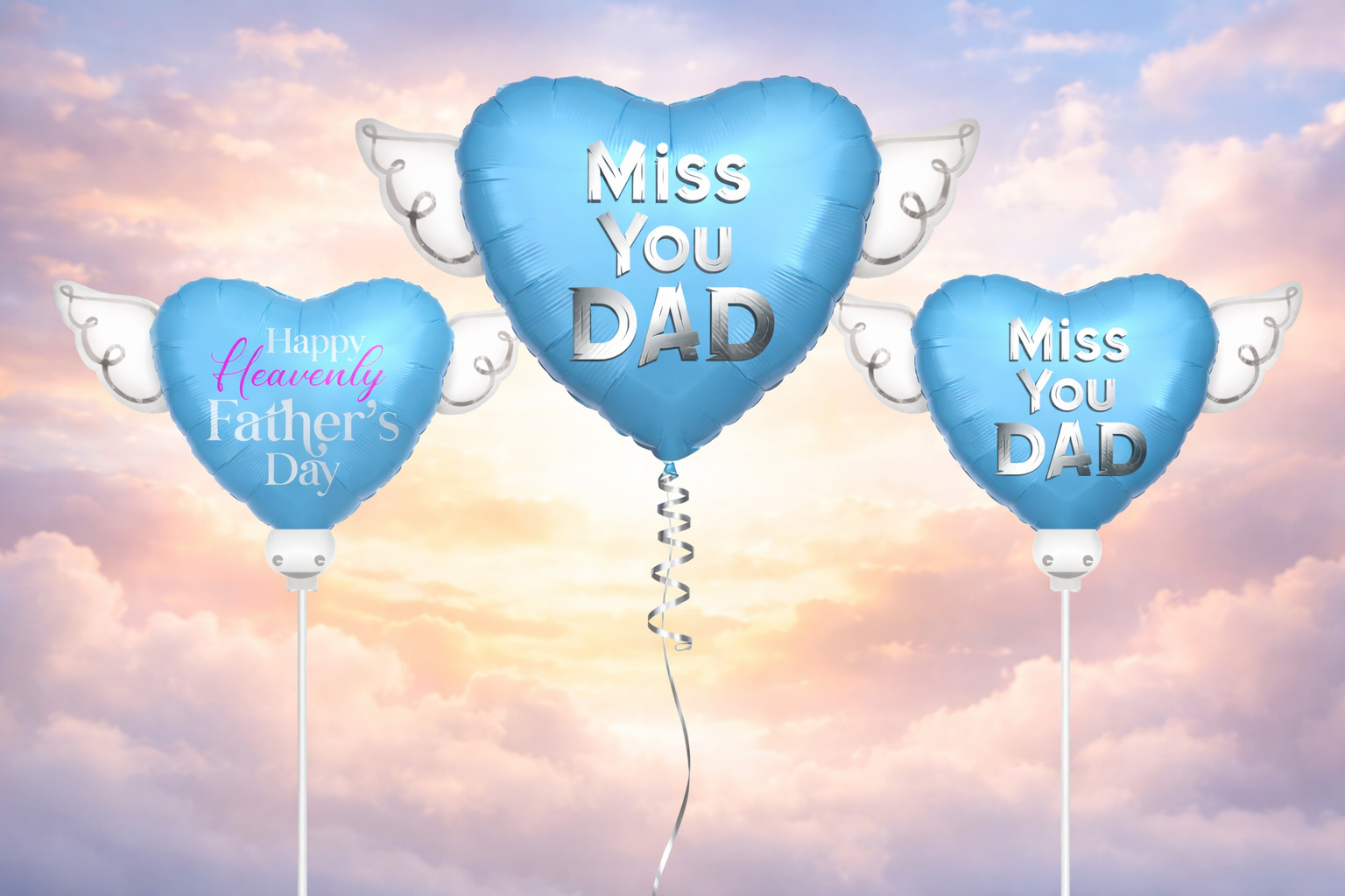 Blue heart-shaped balloons with 'Miss You Dad' text against a cloudy sky.