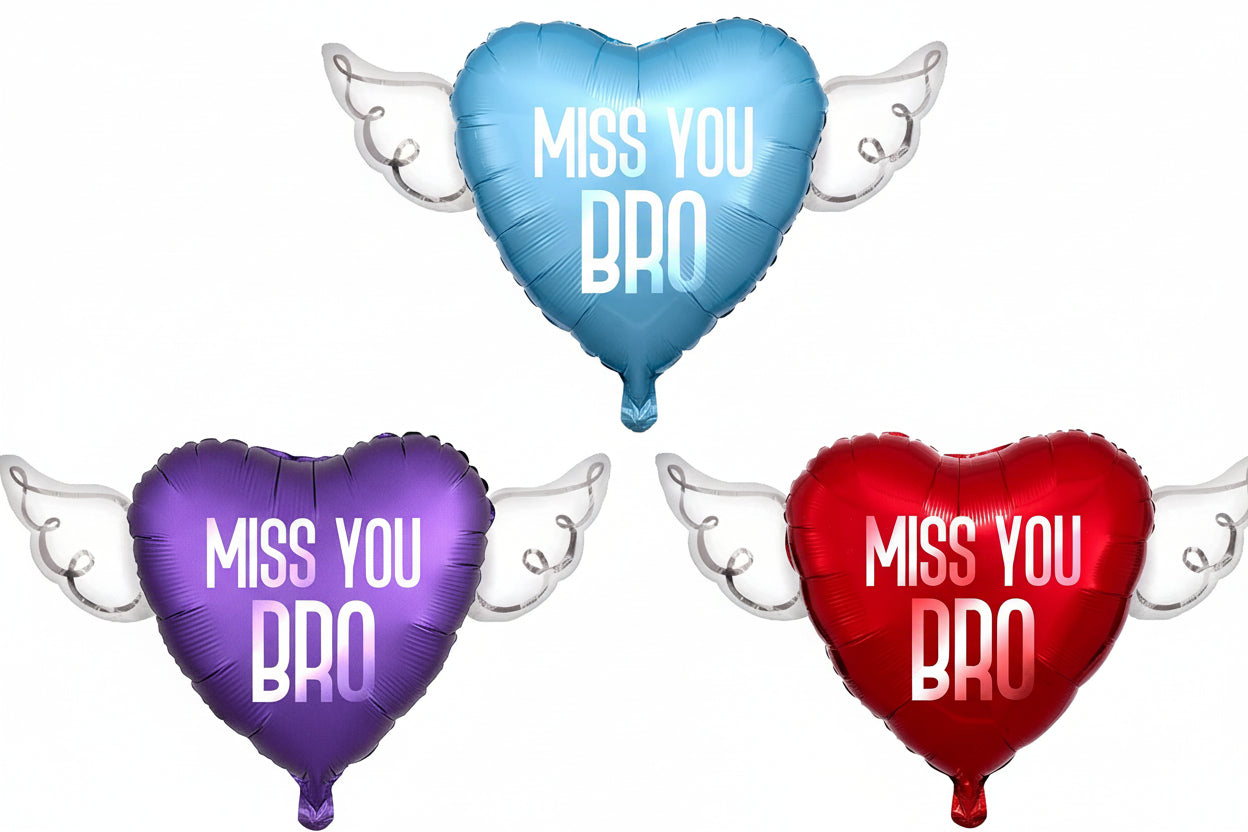 Miss You Bro Memorial Balloon with Angel Wings – Heart Shaped Graveside Tribute for Your Brother