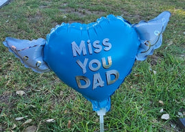 Miss You Dad Memorial Balloon on a Stick – Heart Shaped with Angel Wings Graveside Tribute