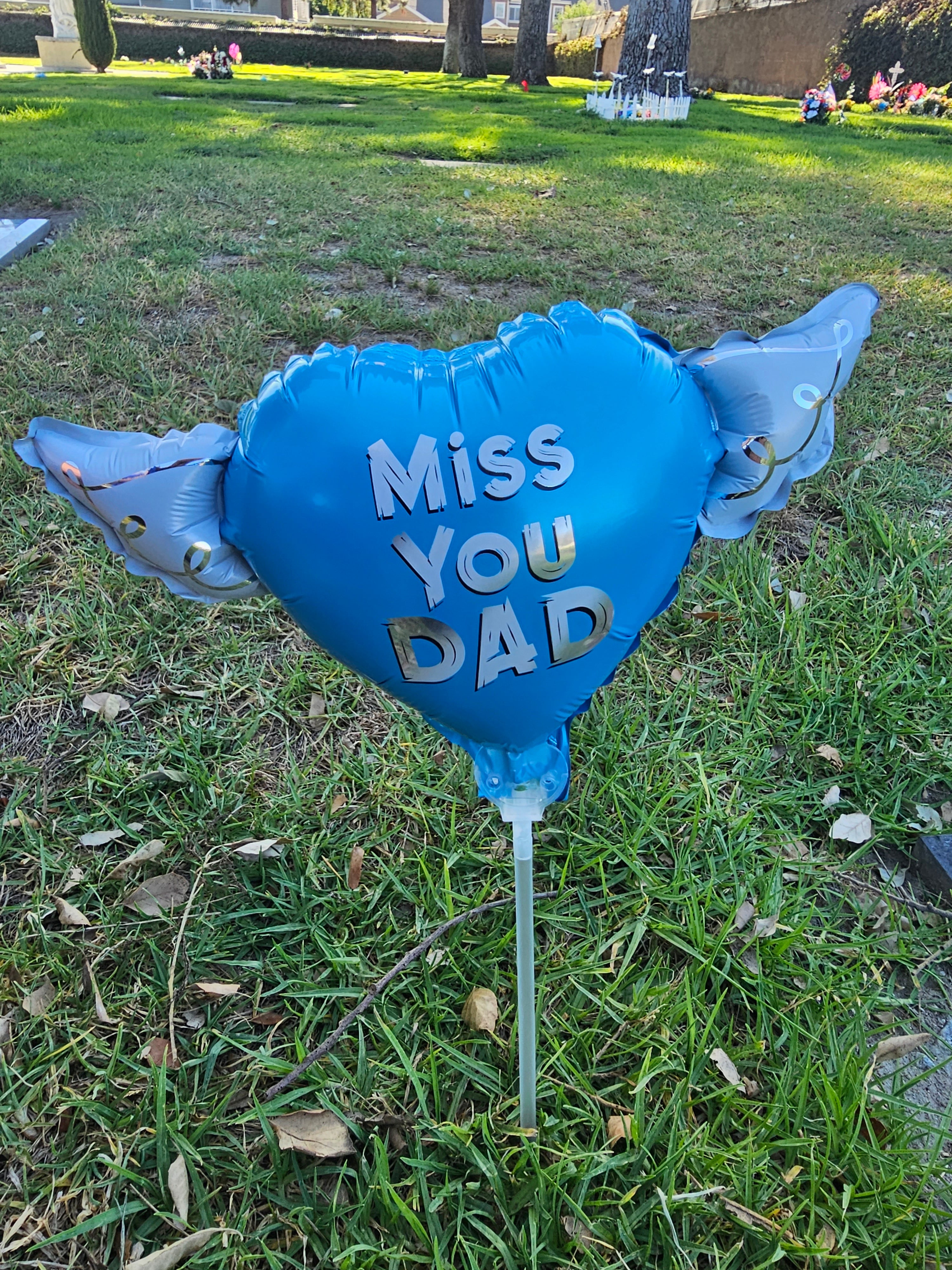 Miss You Dad Memorial Balloon on a Stick – Heart Shaped with Angel Wings Graveside Tribute